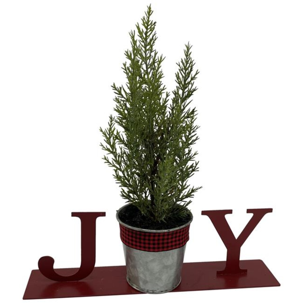 Northlight 34865435 10 in. JOY &#x26; Metal Planter with Faux Pine Christmas Table Top Plaque, Red